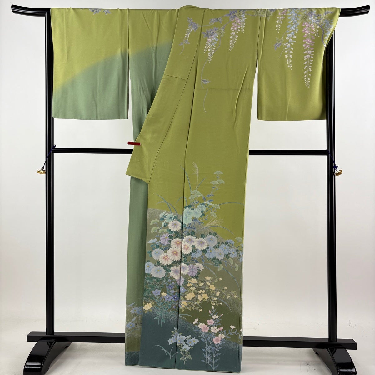 訪問着 身丈165cm 裄丈71cm L 袷 菊 秋草 染め分け 黄緑色 正絹 逸品