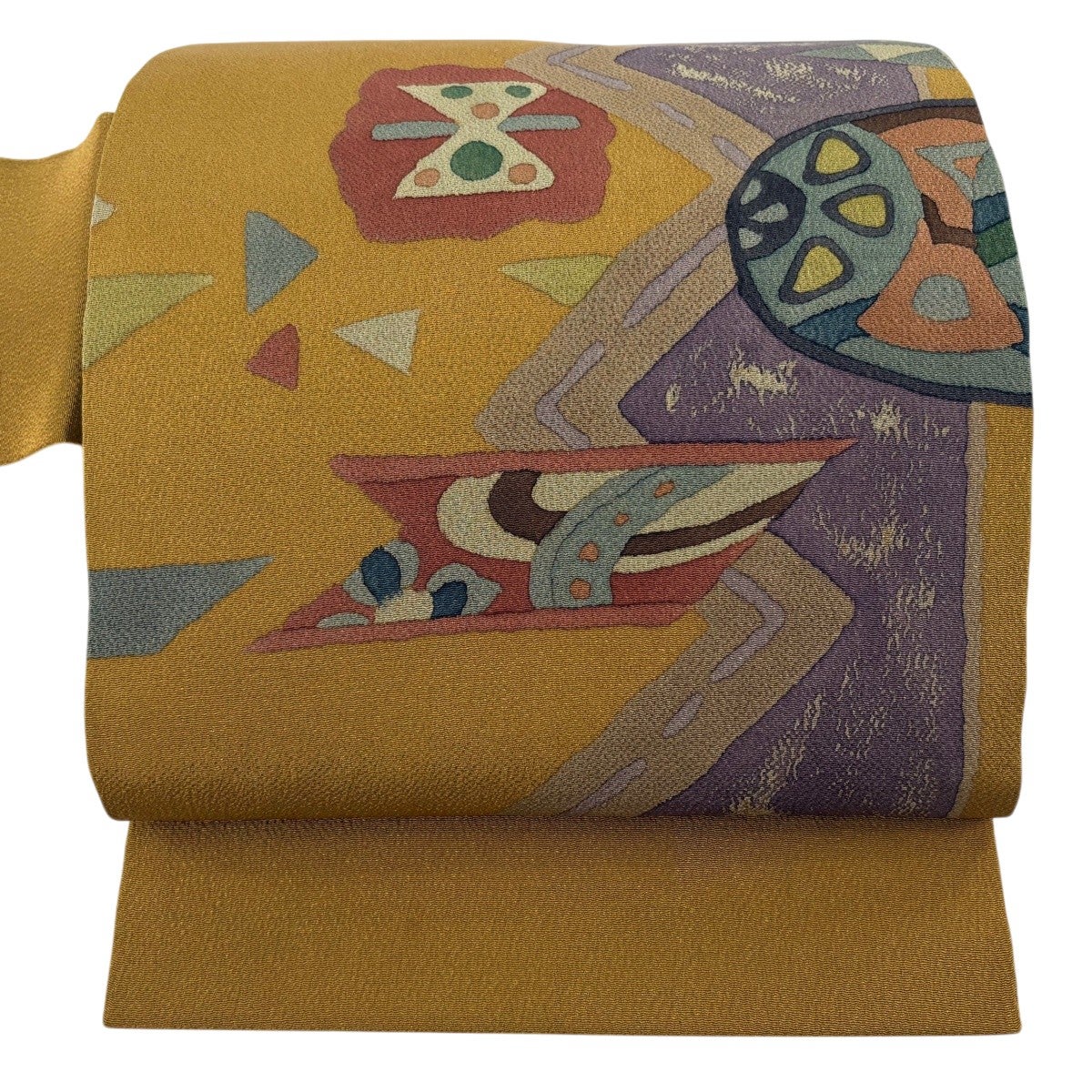 美品】 名古屋帯 名品 鷺 幾何学模様 薄黄 正絹｜中古・古着