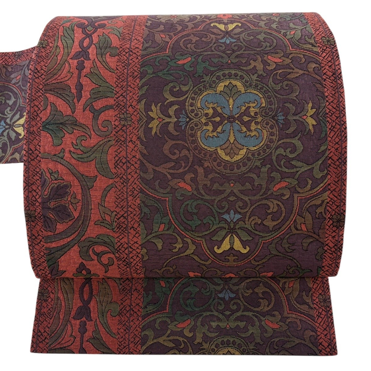 30%OFF 【美品】 名古屋帯 優品 花唐草 幾何学模様 箔 濃ピンク 正絹