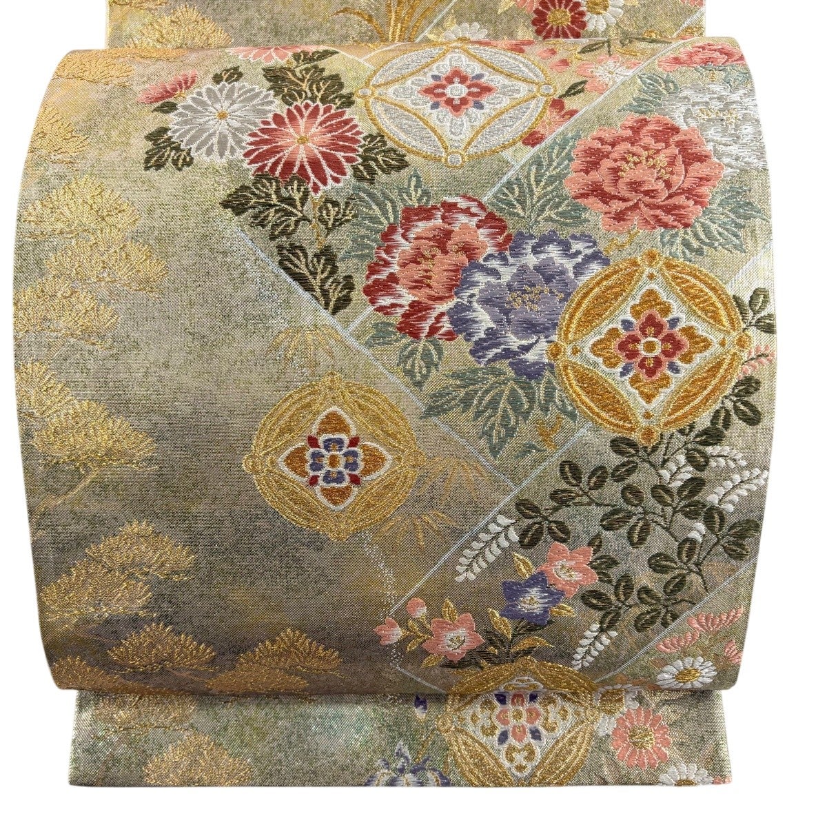 美品】 袋帯 秀品 草花 七宝 箔 金糸 山吹茶色 六通 正絹｜中古・古着
