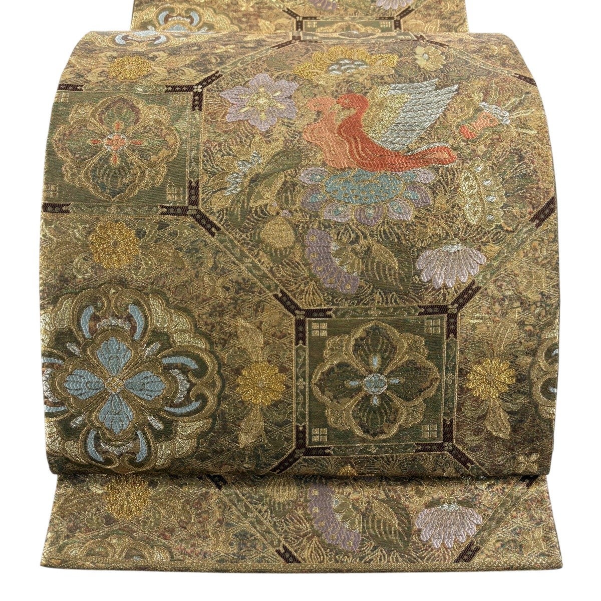 美品】 袋帯 秀品 関西仕立て 松竹梅 市松 箔 唐織 焦茶色 六通 正絹