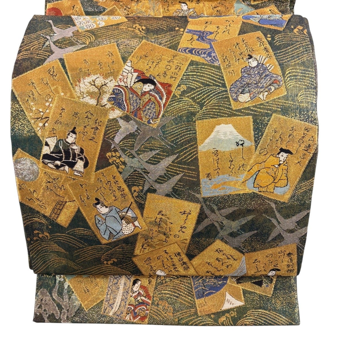 美品】 袋帯 秀品 かるた 波 金糸 箔 深緑 全通 正絹｜中古・古着
