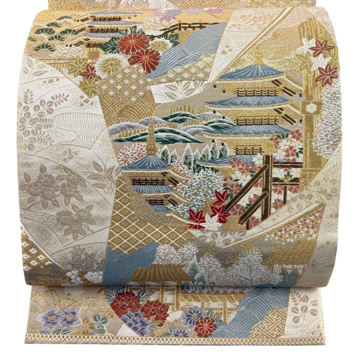 袋帯 名品 河合美術織物 落款あり 関西仕立て 束ね熨斗 草花 金糸