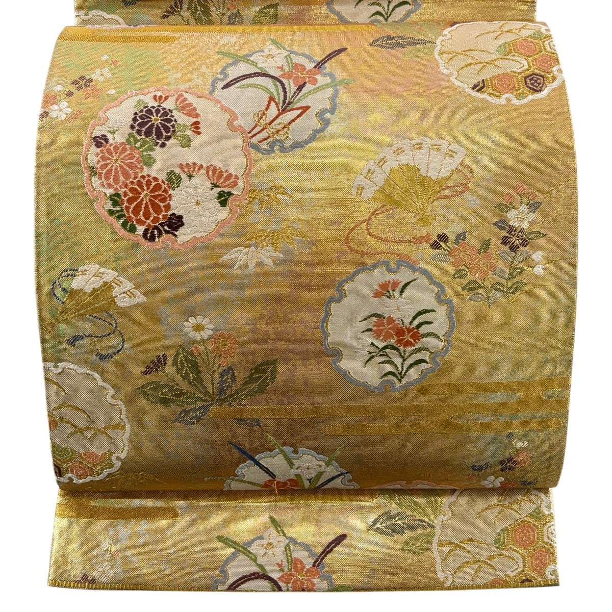 美品】 袋帯 秀品 関西仕立て 鳳凰 草花 金糸 箔 金色 六通 正絹｜中古