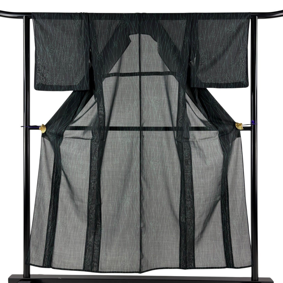 美品】 紬 身丈153cm 裄丈67cm M 薄物 夏紬 麻の葉 墨色 正絹 秀品