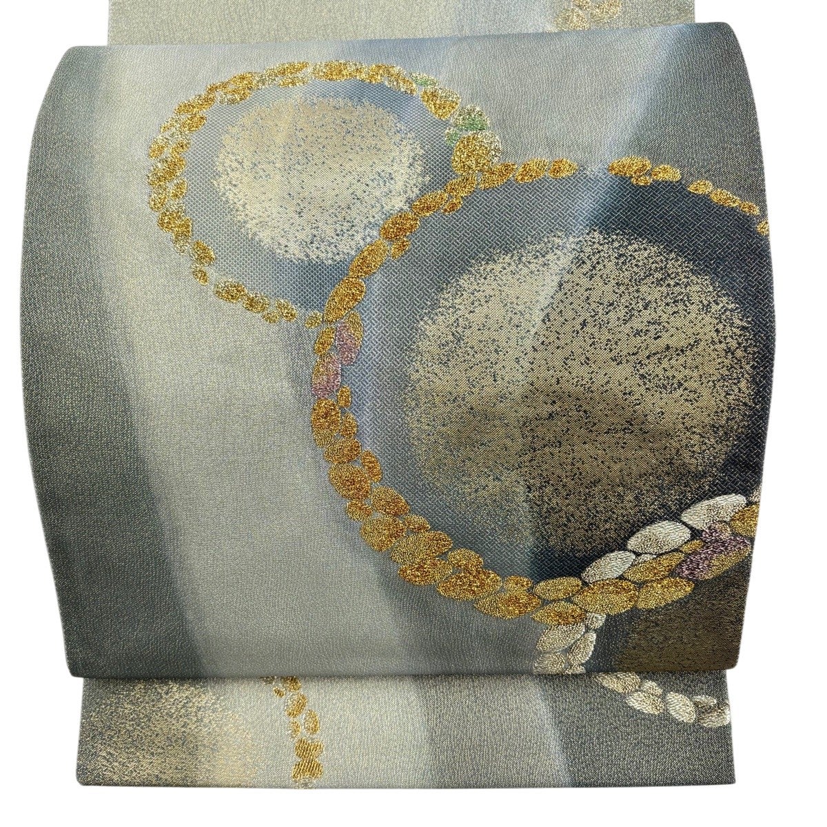【美品】袋帯 細かな　綴織　波模様　金銀糸　お太鼓柄 30%OFF 【美品】 袋帯 秀品 波 金銀糸 箔 薄茶色 お太鼓柄 正絹 K30