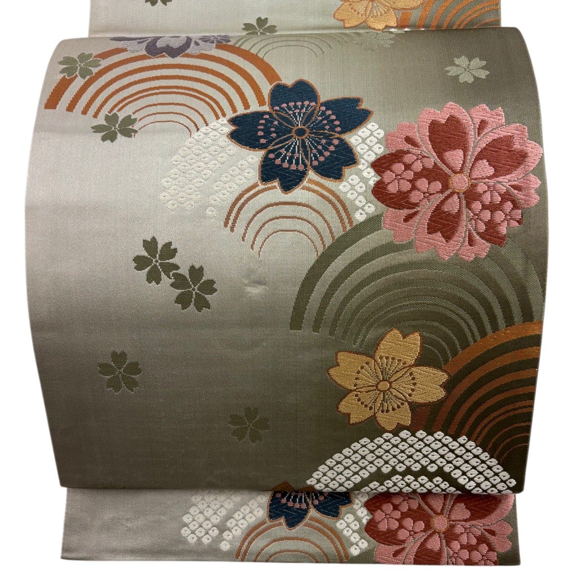 30%OFF 名古屋帯 秀品 草花 縞 箔 唐織 灰緑 正絹 K30｜中古・古着