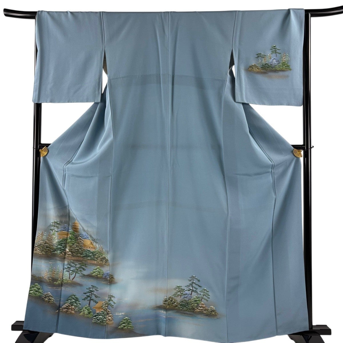 付下げ 身丈163.5cm 裄丈67cm M 袷 風景 建物 金彩 ぼかし 水色 正絹