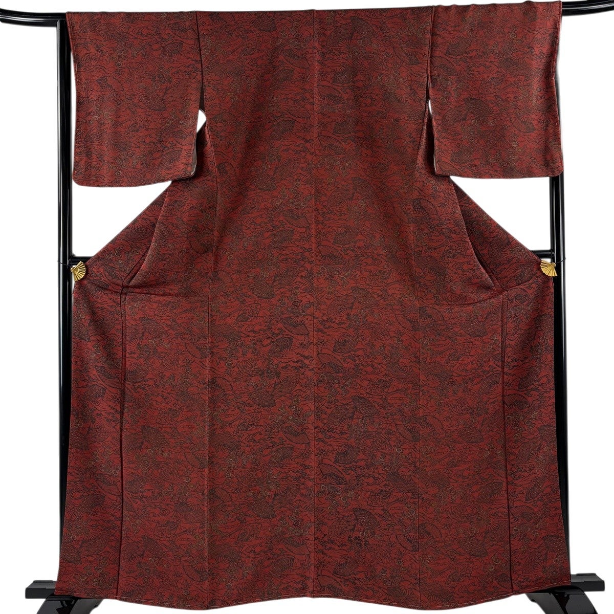 小紋 身丈166.5cm 裄丈66cm M 袷 菊 竹 黒 正絹 優品｜中古・古着