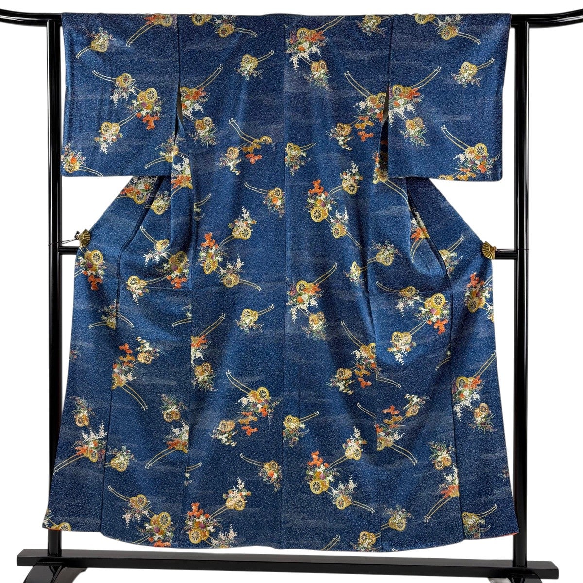 美品】 小紋 身丈155cm 裄丈62cm S 袷 紬地 やまと 花唐草 金彩 青緑