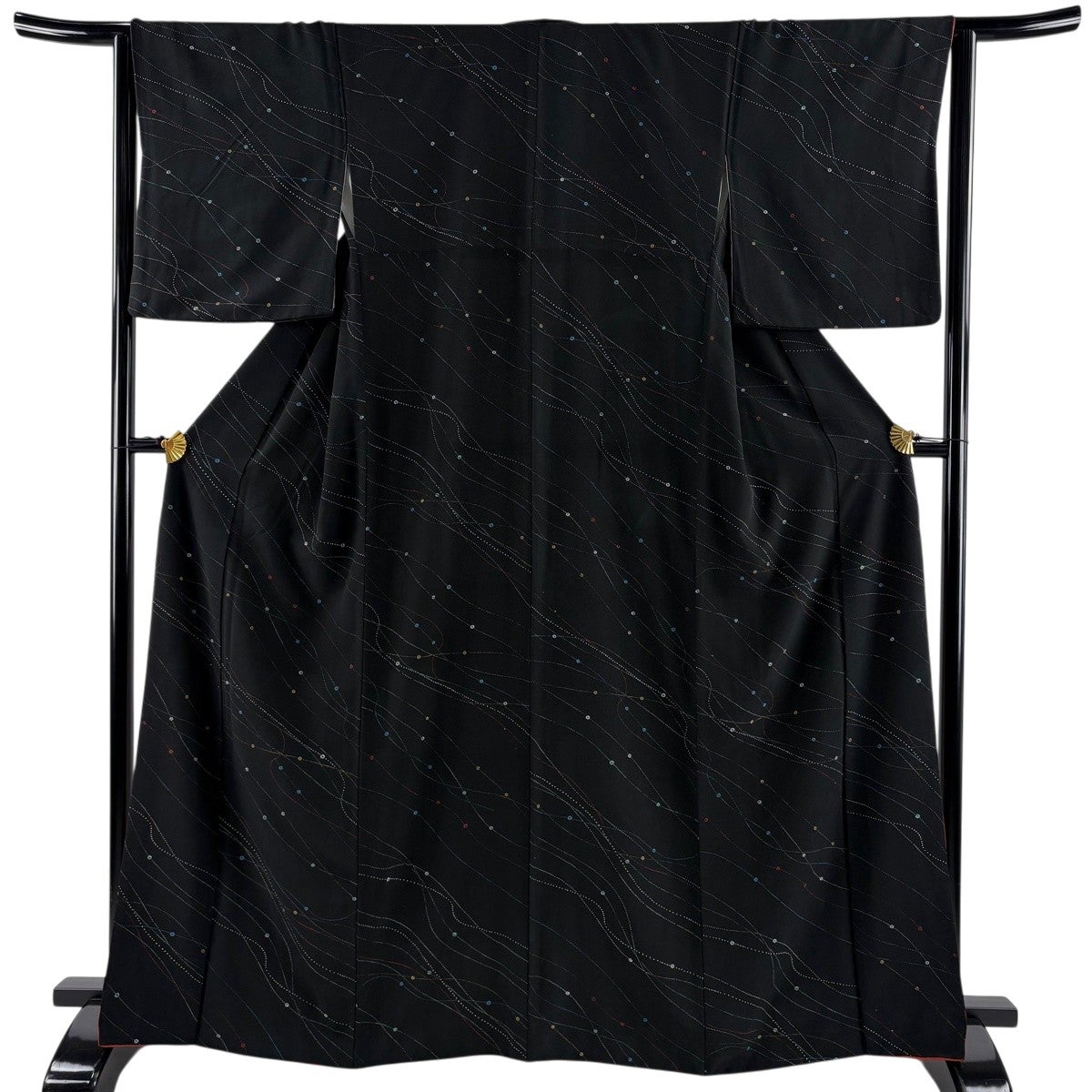 小紋 身丈166.5cm 裄丈66cm M 袷 菊 竹 黒 正絹 優品｜中古・古着