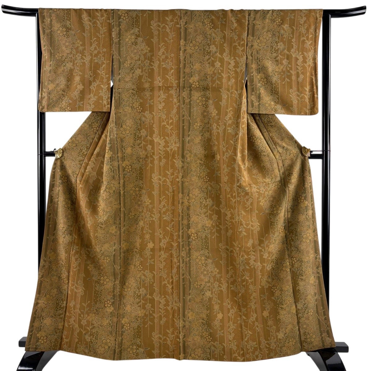 美品】 小紋 身丈163.5cm 裄丈66cm M 袷 草花 流水 金彩 茶色 正絹