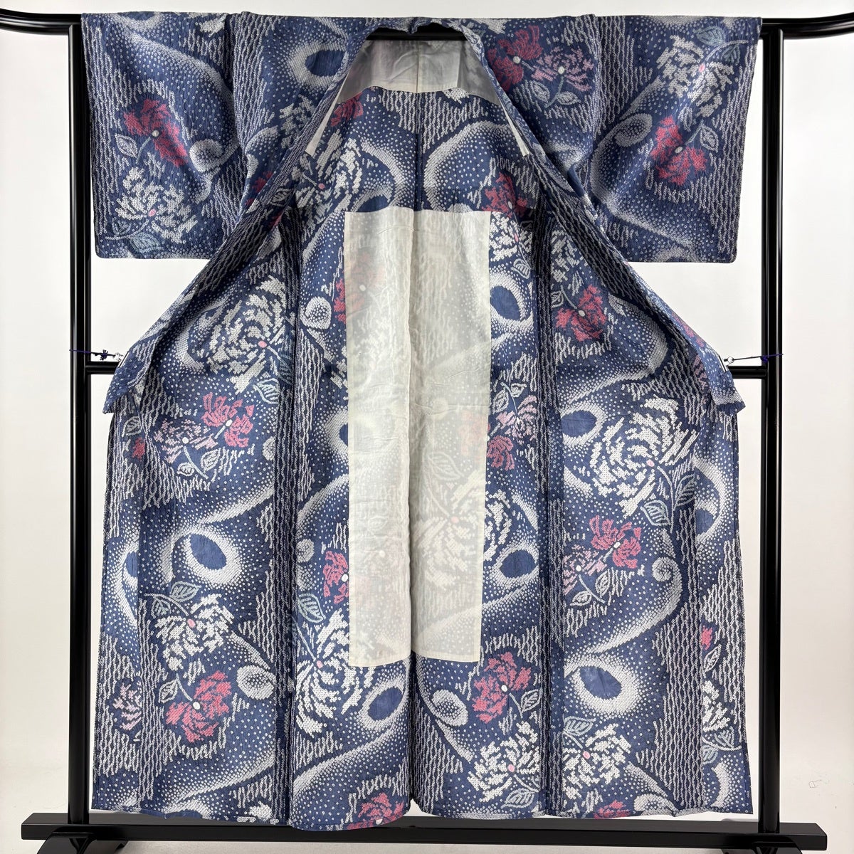 浴衣 身丈158cm 裄丈63.5cm S 絞り浴衣 草花 幾何学 青灰色 綿 名品
