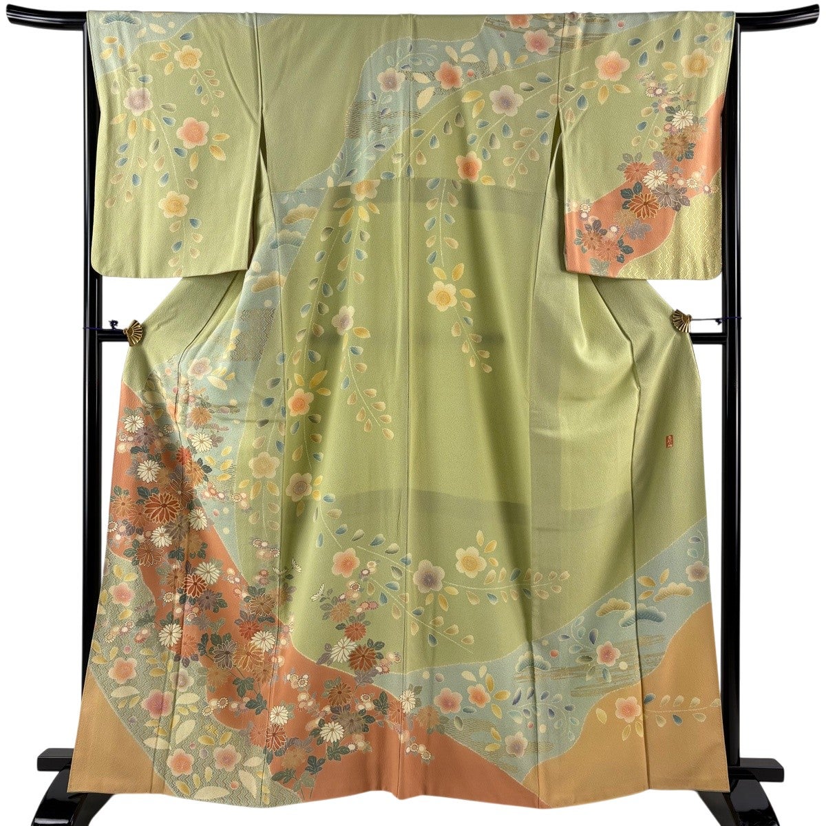 訪問着 身丈165cm 裄丈71cm L 袷 菊 秋草 染め分け 黄緑色 正絹 逸品
