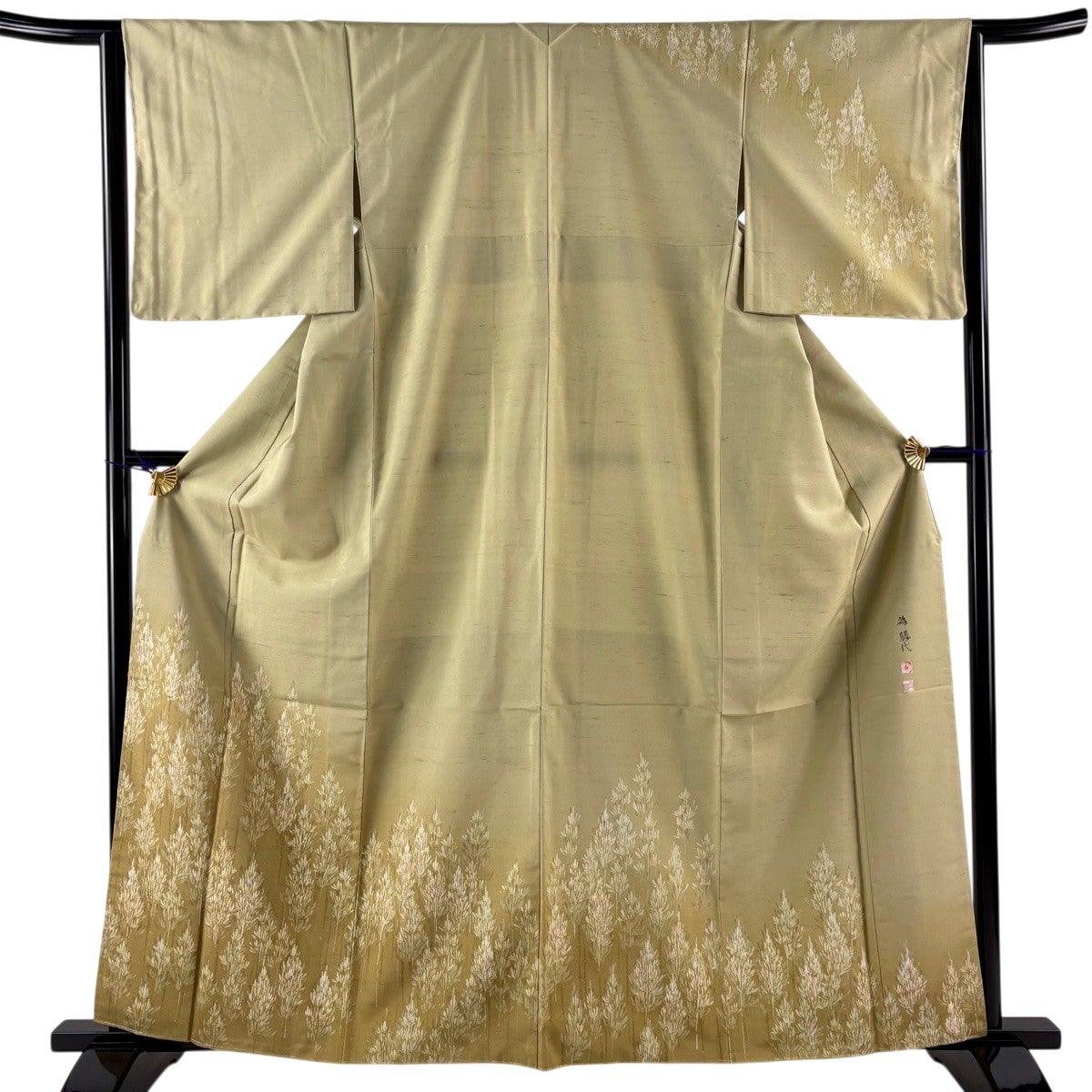 【美品】 袋帯 逸品 牛首紬 全通 正絹 美品】 袋帯 逸品 証紙あり 牛首紬地 白山工房 幾何学 縞 灰茶 全通