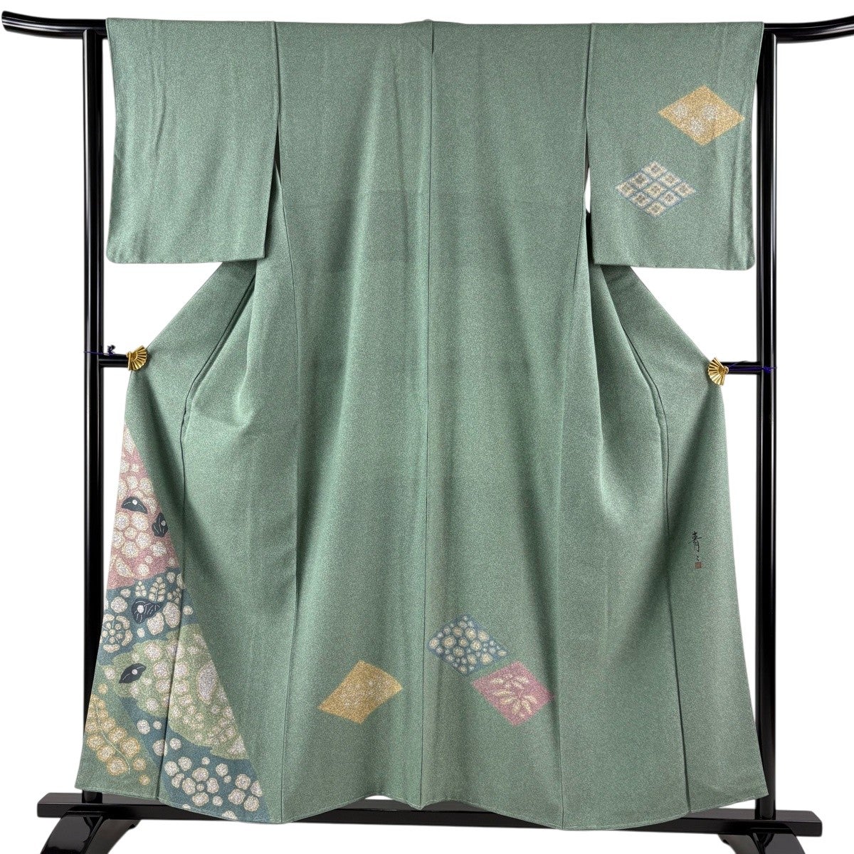 【美品】 小紋 身丈157cm 裄丈63cm 正絹 名品 【中古】 美品】 小紋 身丈157cm 裄丈63cm S 袷 松井青々 落款あり 幾何学模様