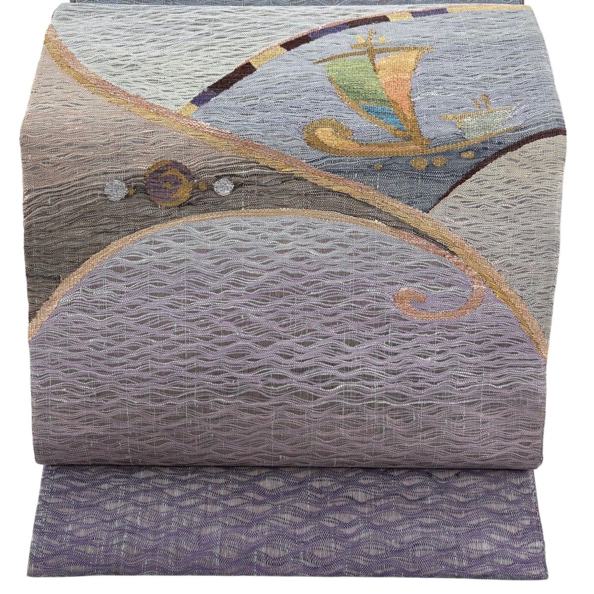 美品】 袋帯 秀品 縞 幾何学模様 金糸 藍色 お太鼓柄 正絹｜中古・古着