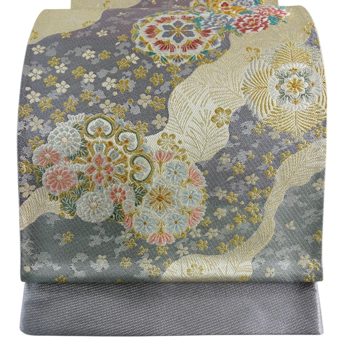 袋帯 秀品 華文 草花 銀糸 刺繍 薄紫 六通 正絹｜中古・古着