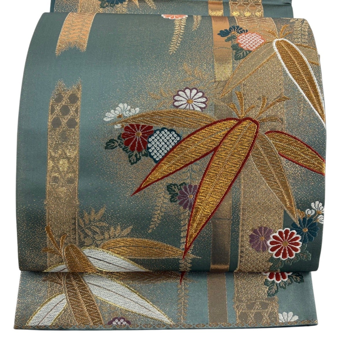 美品】 袋帯 秀品 粋雅 梅 笹 金糸 箔 茶緑色 六通 正絹｜中古・古着