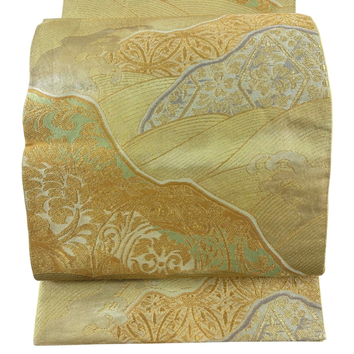 袋帯 秀品 川島織物 落款あり 関西仕立て 巻物 草花 金銀糸 箔 金色 六