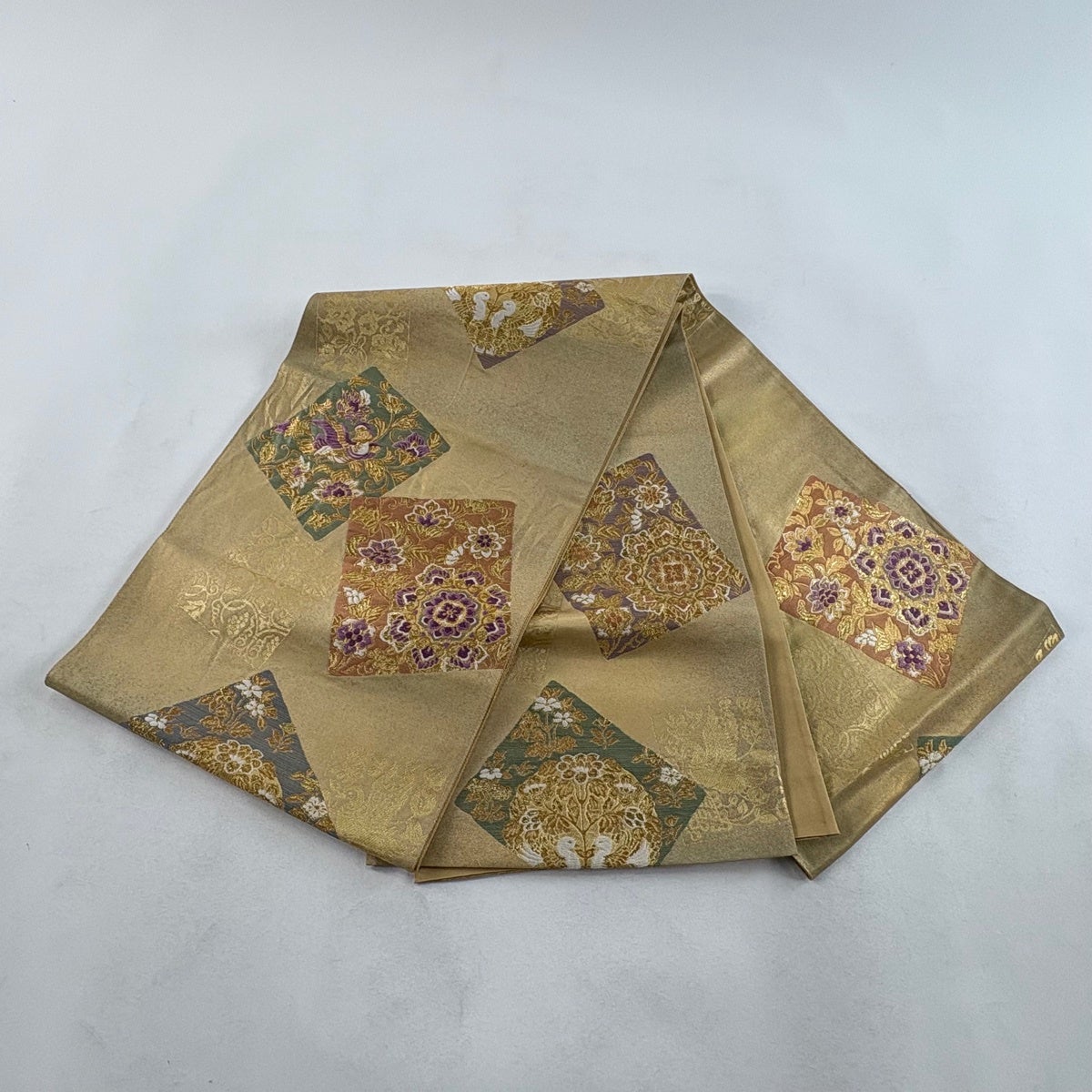 袋帯 すくい織 抽象柄 鳥 花模様  黄唐紙色 O-5930 袋帯 本金二重箔 扇面花鳥 文六通柄 良品 フォーマル用 正絹 古典柄 箔