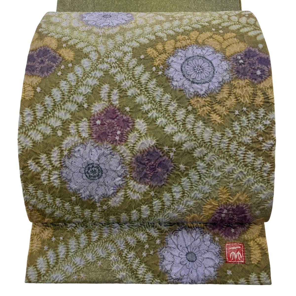 美品】 袋帯 逸品 初代 久保田一竹 落款あり 辻が花 銀糸 茶緑色