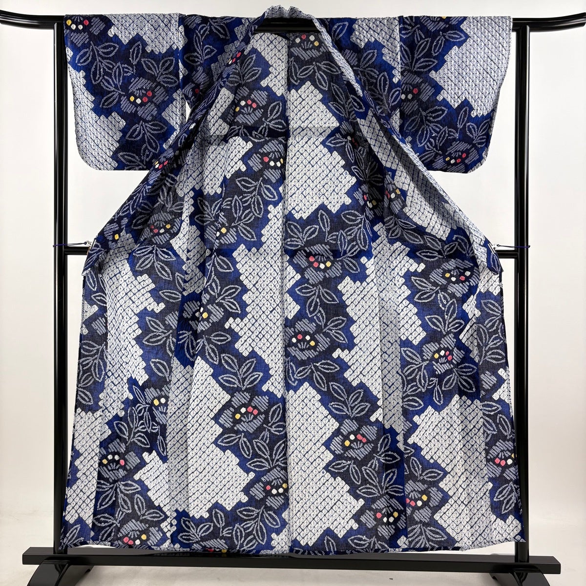 浴衣 身丈156cm 裄丈62.5cm S 絞り浴衣 草花 青 綿 名品｜中古・古着