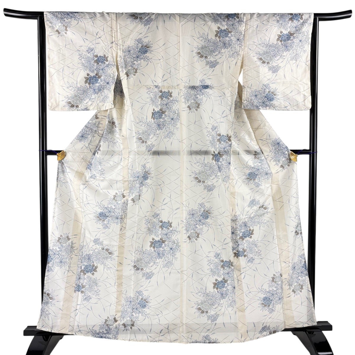 美品】 小紋 身丈162cm 裄丈64.5cm M 薄物 洗える着物 絽 草花 菱