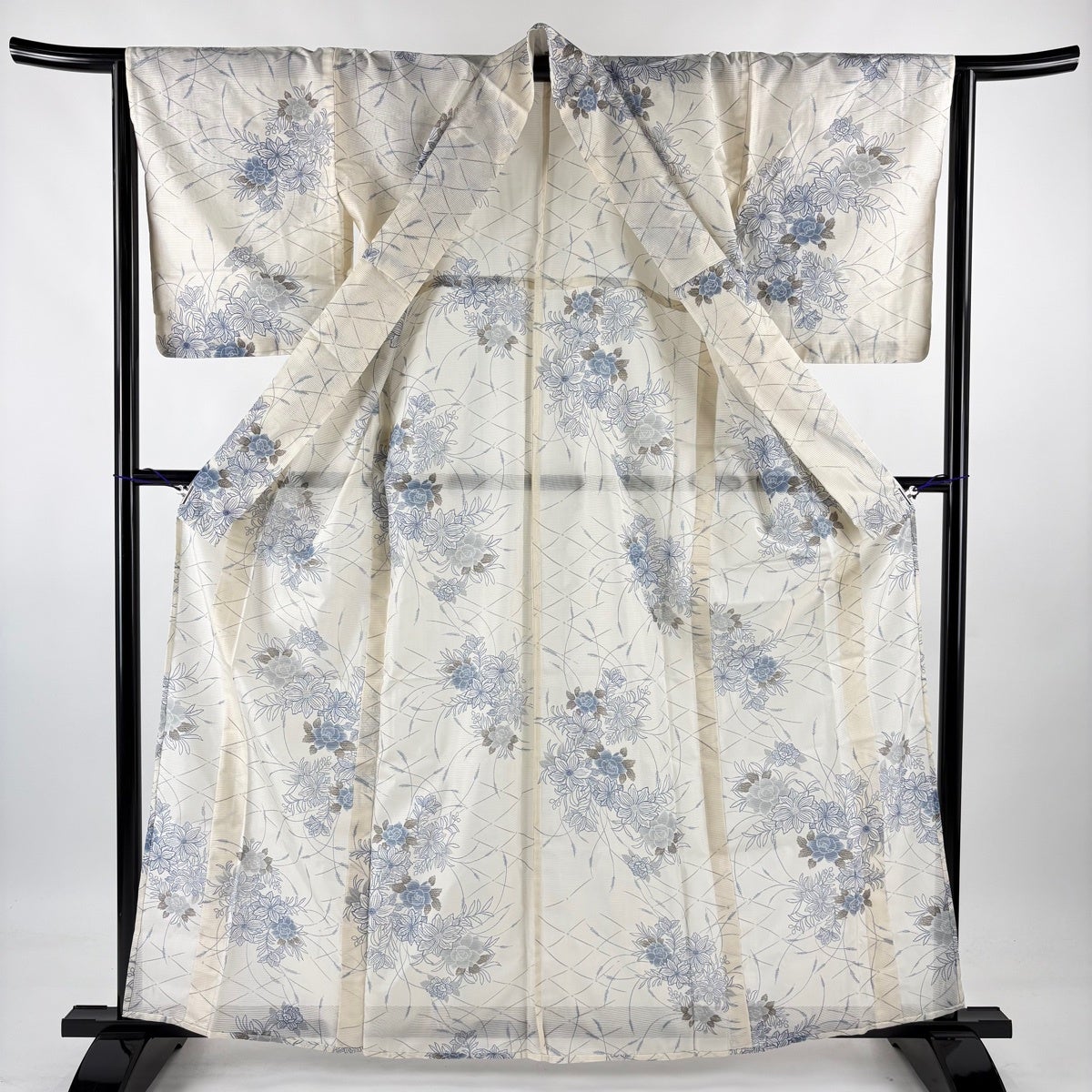 美品】 小紋 身丈162cm 裄丈64.5cm M 薄物 洗える着物 絽 草花 菱