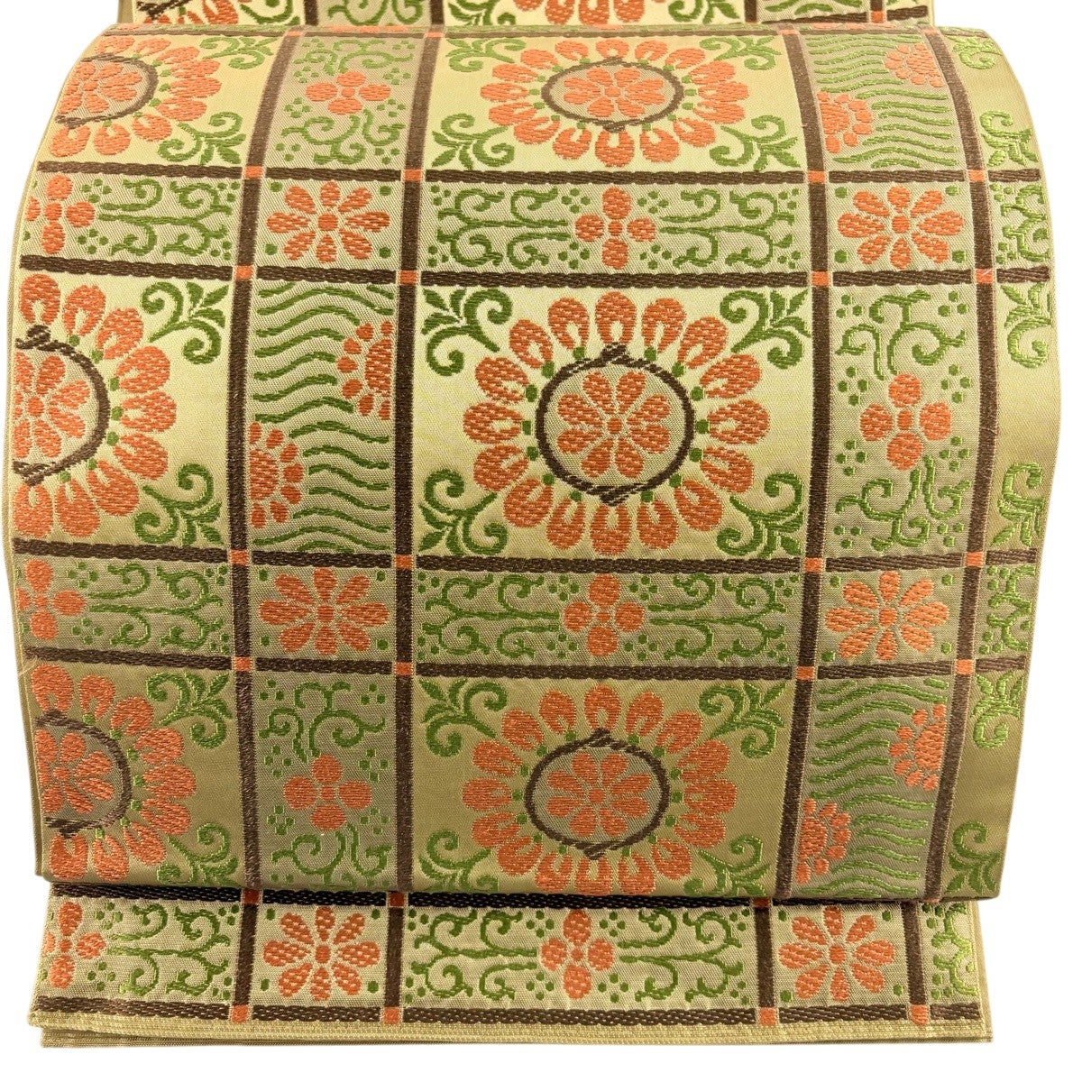 美品】 袋帯 名品 証紙あり 煌宝紬 華文 葡萄唐草 箔 灰茶 六通 正絹