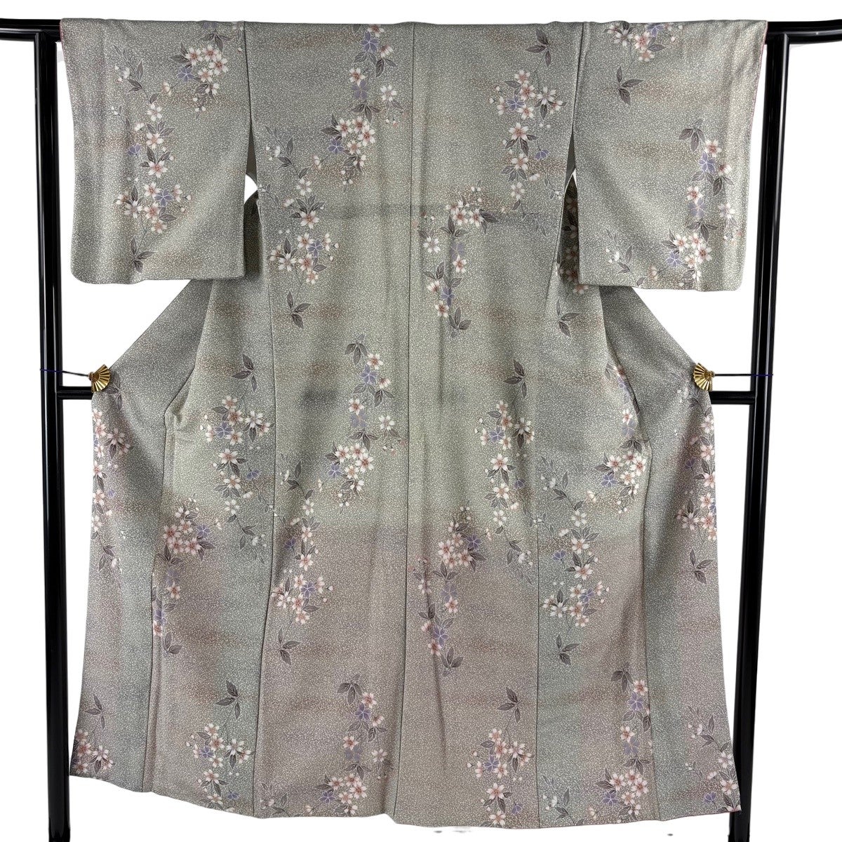 美品】 小紋 身丈152cm 裄丈62cm S 袷 桜 霞 金彩 ぼかし 灰緑 化繊
