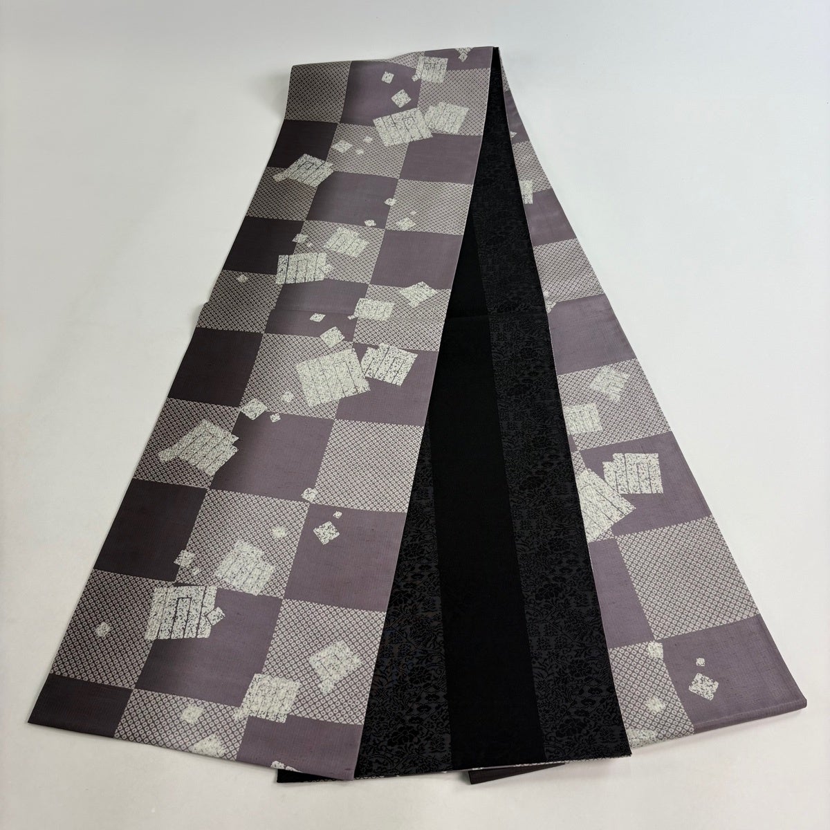 50%OFF 袋帯 名品 源氏香 市松 ぼかし 灰紫 全通 正絹 K50｜中古・古着