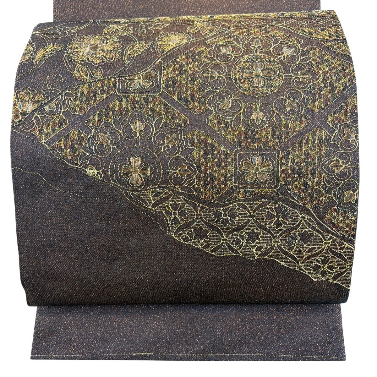 袋帯 名品 華文 花唐草 刺繍 金糸 茶色 お太鼓柄 正絹｜中古・古着
