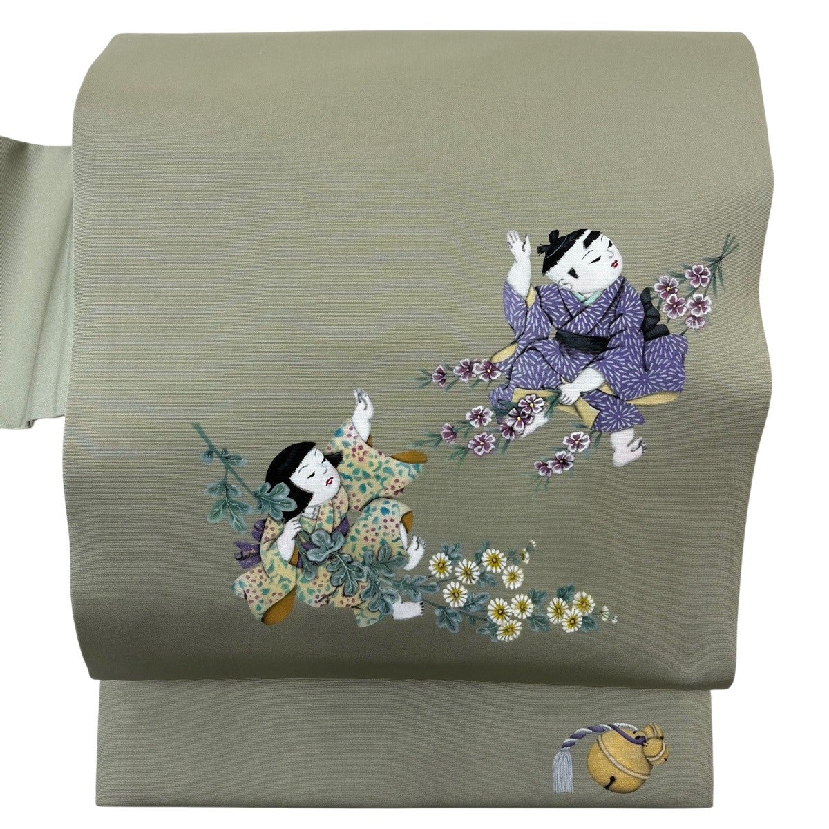 名古屋帯 秀品 夏帯 草花 刺繍 金糸 灰紫 正絹 秀品 名古屋帯