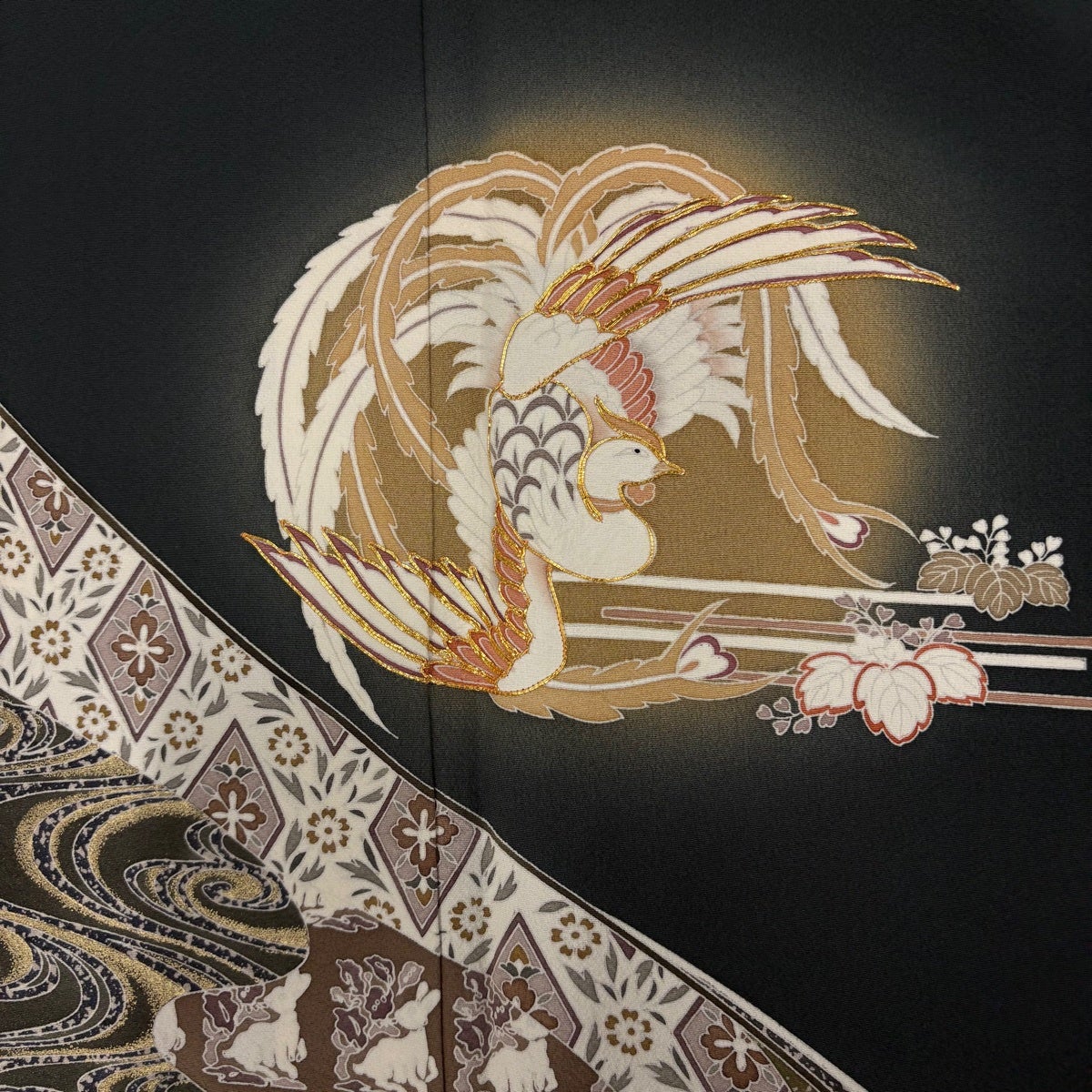 色留袖 身丈161.5cm 裄丈69.5cm L 袷 鳳凰 花うさぎ 金糸 金彩 深緑