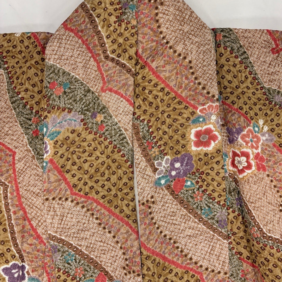 美品】 小紋 身丈152cm 裄丈62cm S 袷 草花 幾何学模様 金彩 茶色 正絹