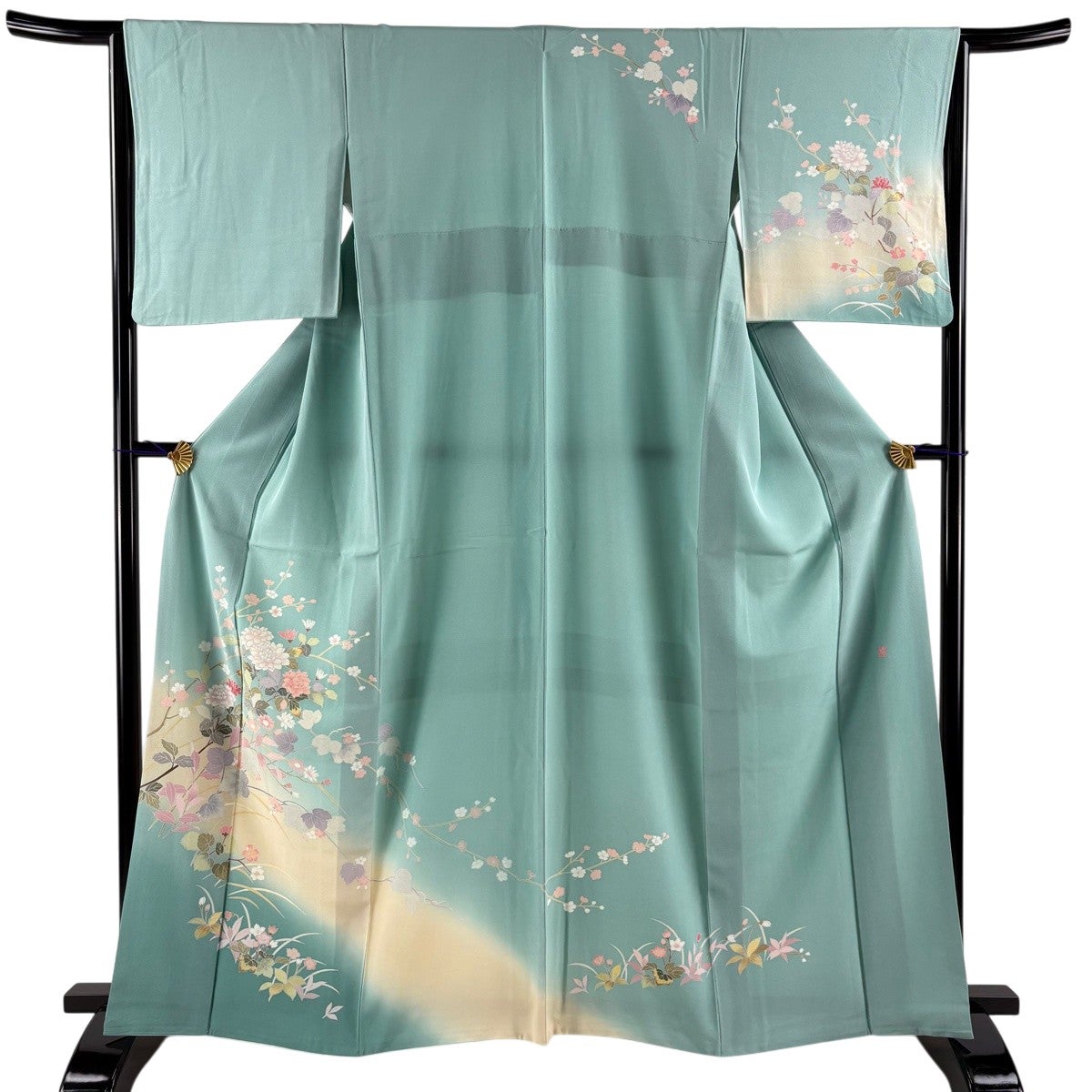 袷 訪問着 M 薄青緑 枝花 水色 訪問着 身丈164cm 裄丈