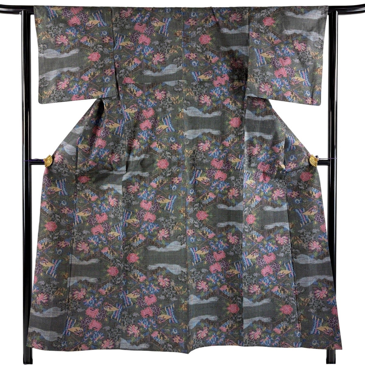 紬 身丈154cm 裄丈62.5cm S 単衣 縦縞 草花 青 正絹 秀品｜中古・古着