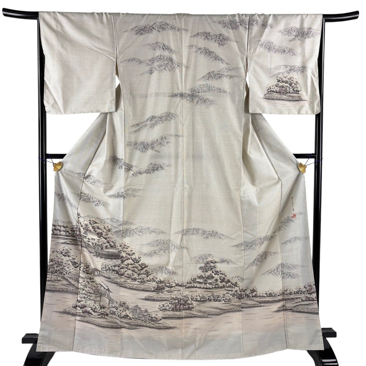 美品】 訪問着 身丈167.5cm 裄丈66cm M 袷 紬地 落款あり 風景 建物