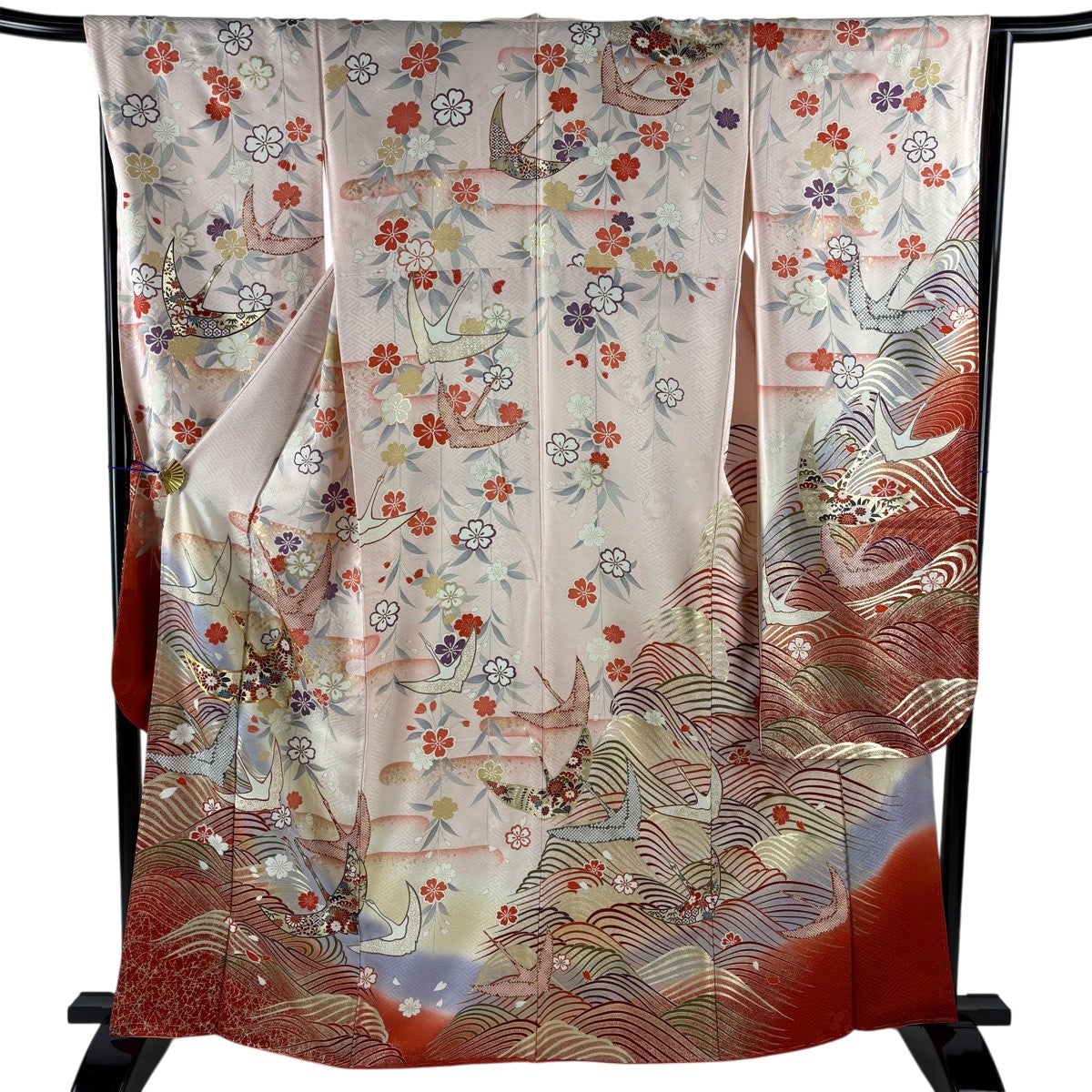 美品】 振袖 身丈162cm 裄丈65.5cm M 袷 鶴 枝垂れ桜 金糸 金彩 薄