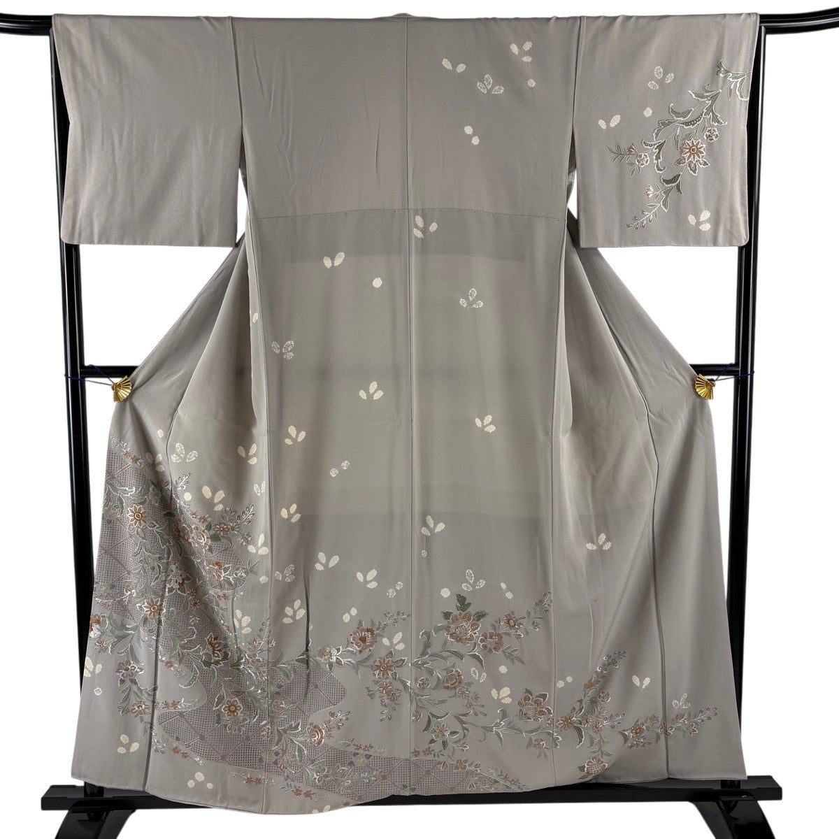 訪問着 身丈157.5cm 裄丈64.5cm M 袷 草花 霞 刺繍 金糸 灰紫 正絹 秀