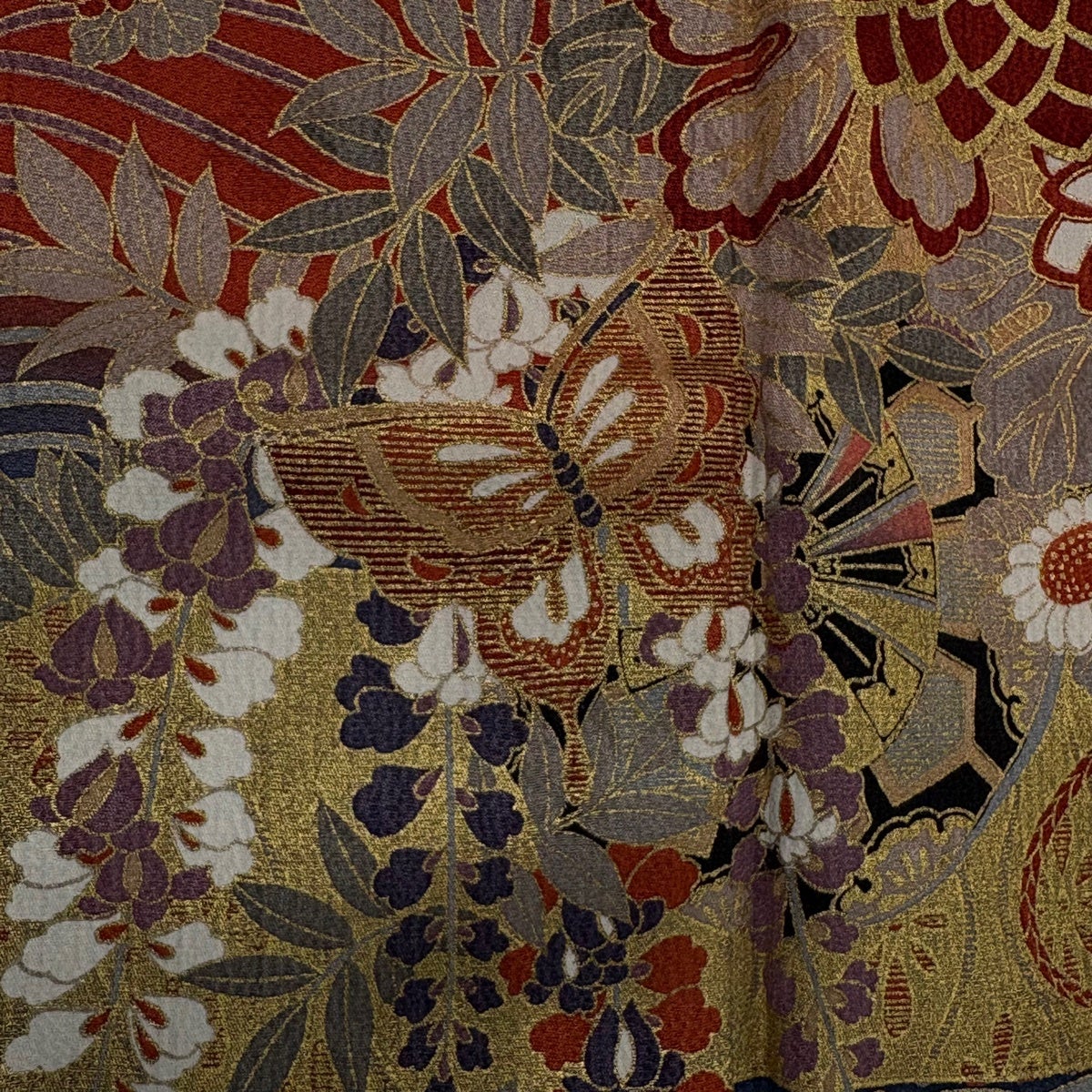 美品】 振袖 身丈167.5cm 裄丈67cm M 袷 花車 蝶 金彩 朱色 正絹 秀品