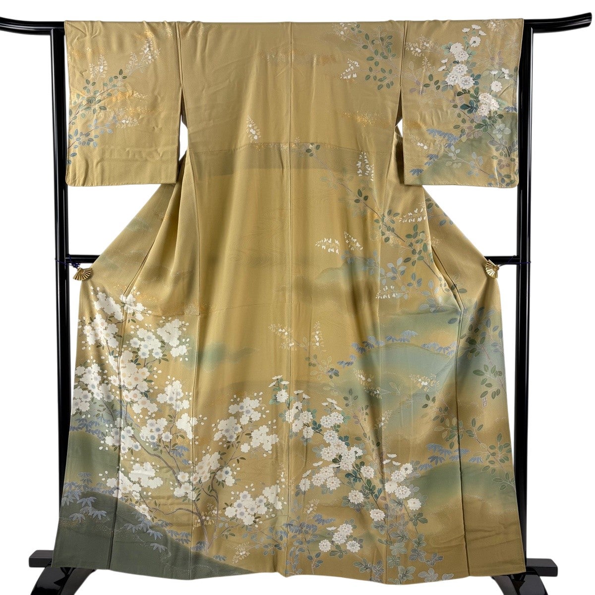 訪問着 身丈155cm 裄丈65.5cm M 袷 菊 雫 金彩 黒灰 正絹 秀品｜中古
