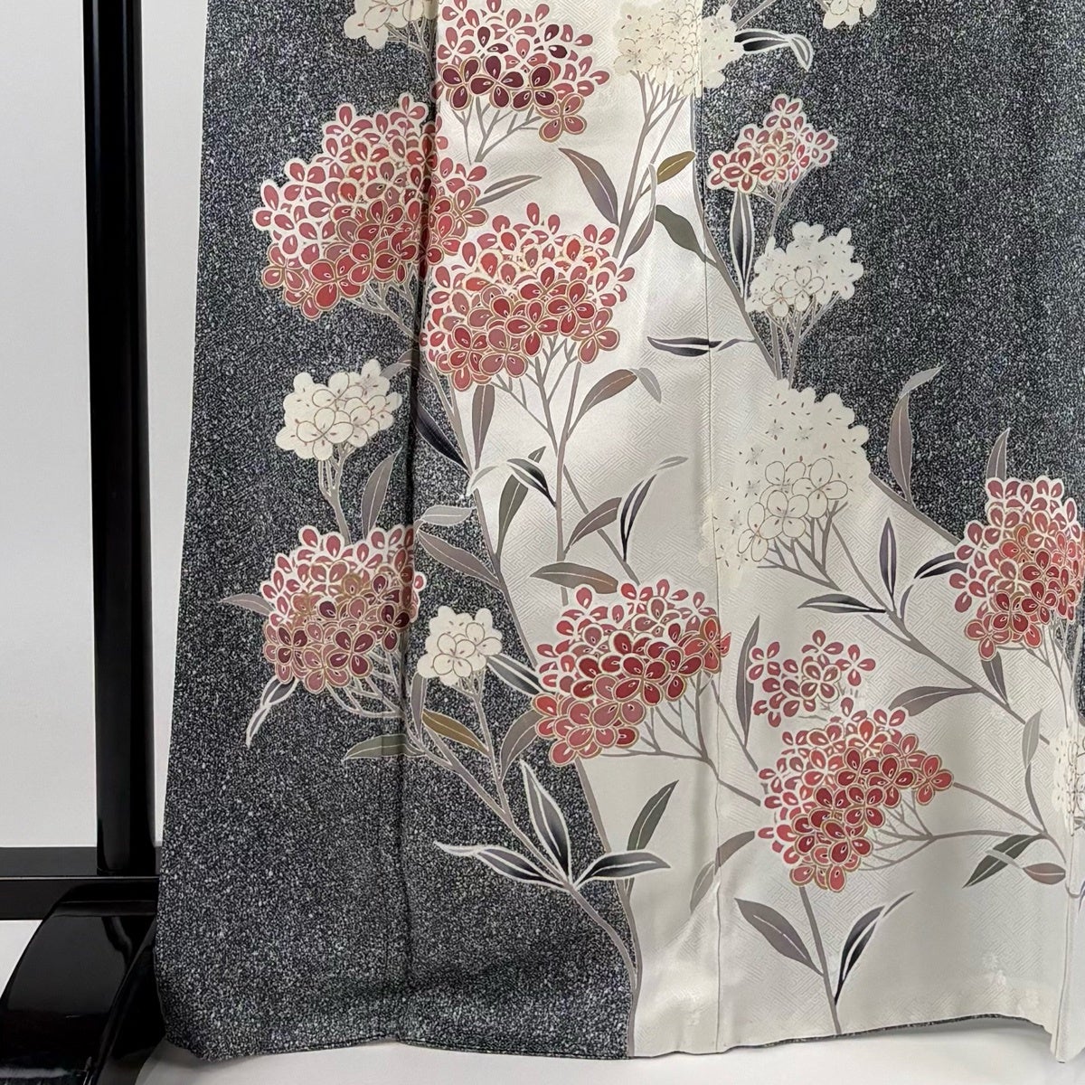 訪問着 身丈167.5cm 裄丈67.5cm L 袷 草花 金彩 染分け 黒灰 正絹 秀品