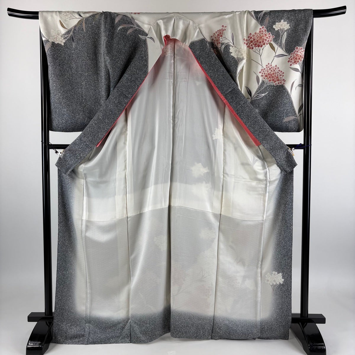 訪問着 身丈167.5cm 裄丈67.5cm L 袷 草花 金彩 染分け 黒灰 正絹 秀品