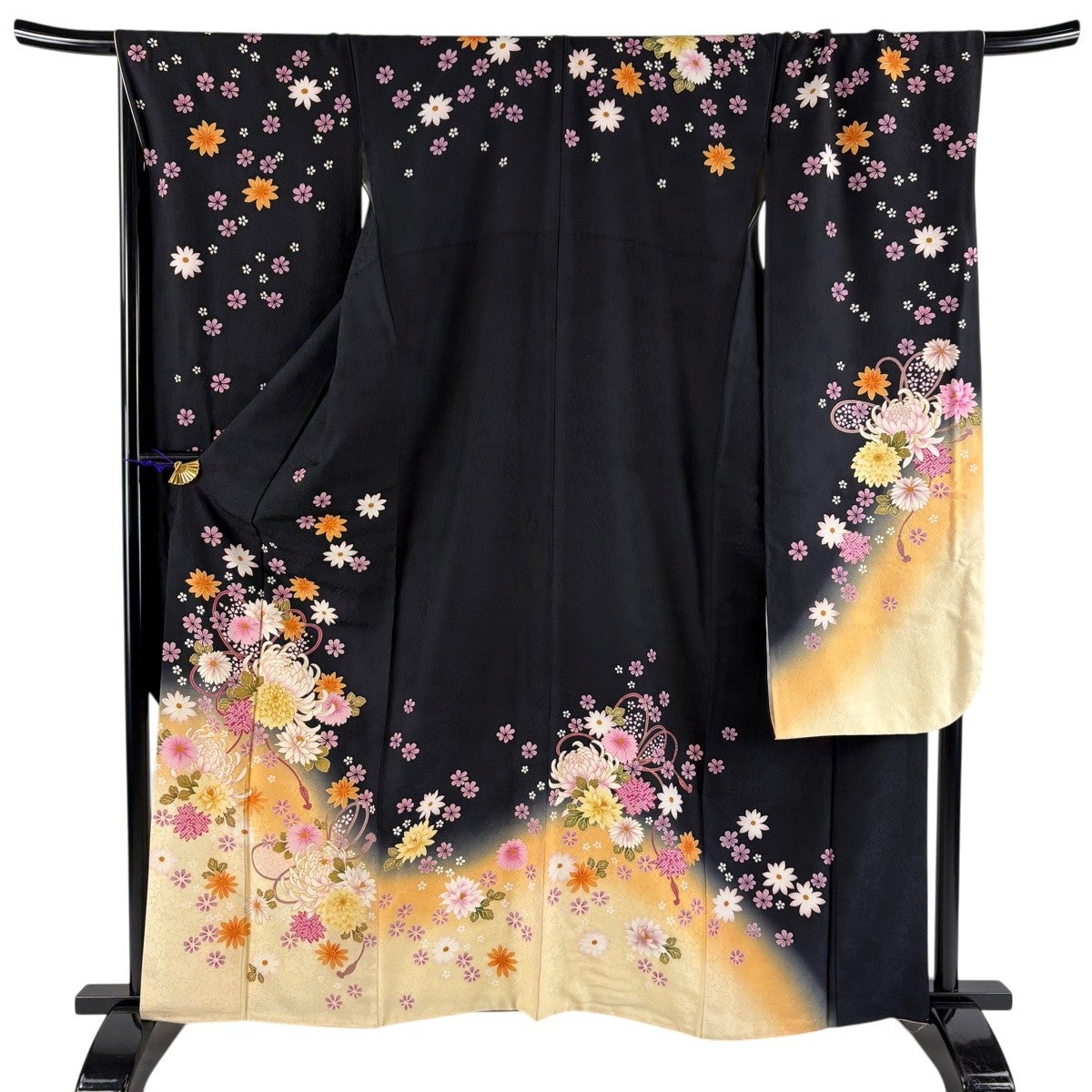 美品】 振袖 身丈172cm 裄丈71.5cm L 袷 桜 波 金糸 金彩 青紫 正絹