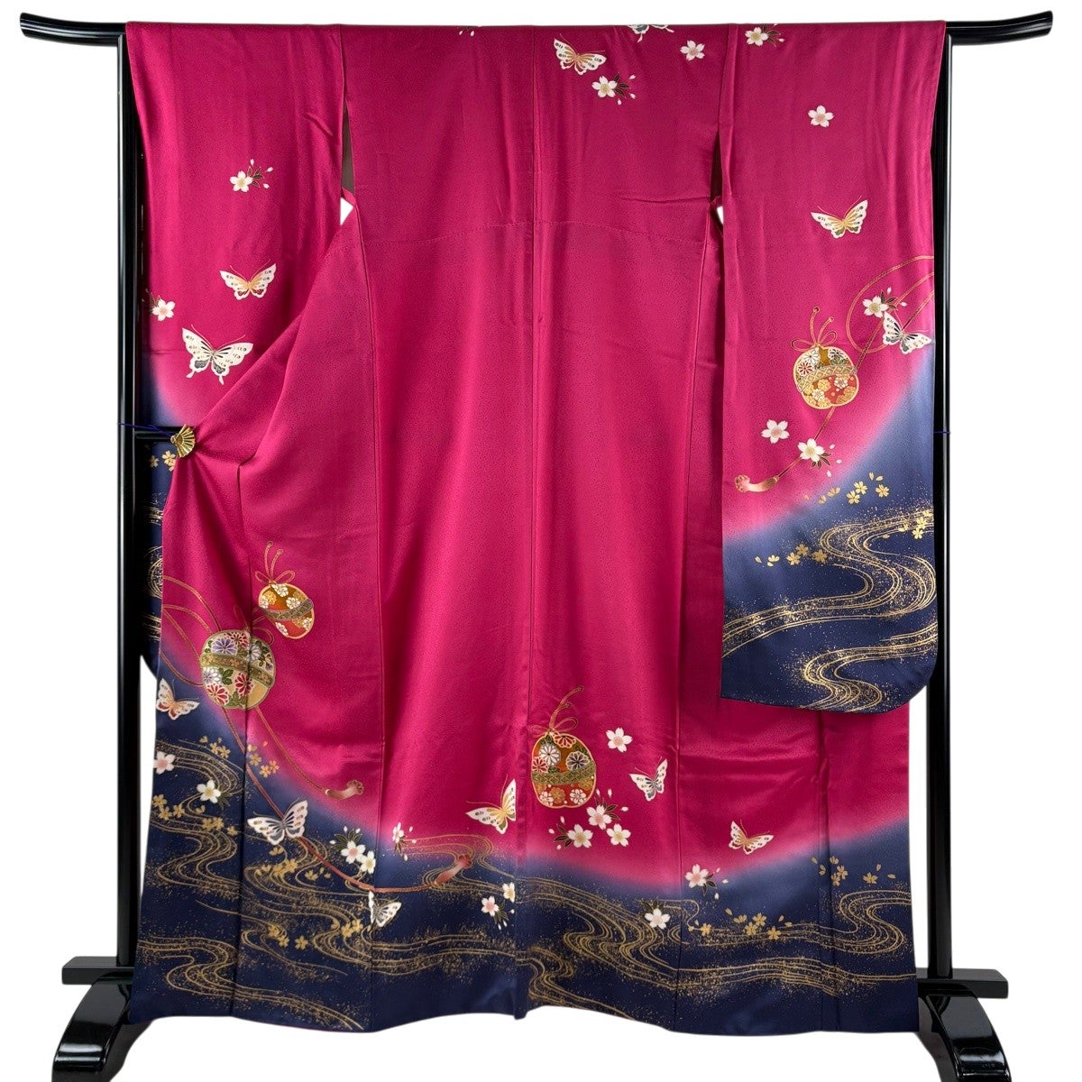 振袖 身丈163cm 裄丈63.5cm S 袷 蝶 菊 金銀糸 金彩 青紫 正絹 秀品