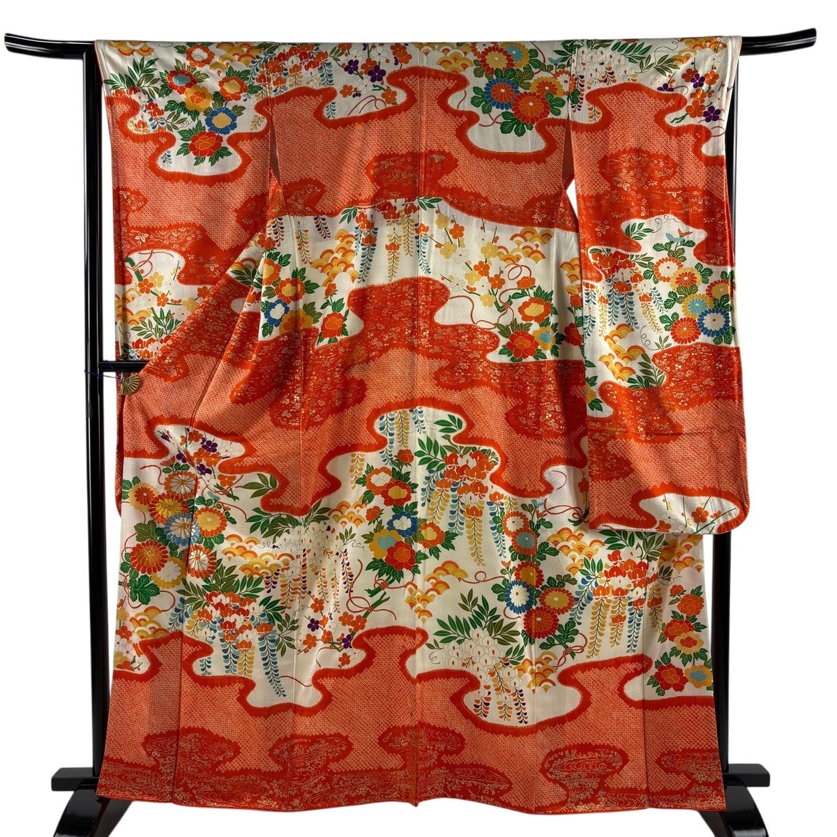 s*m様 【美品】振袖　正絹100% 5点　フルセット　身丈159cm 花車　橙 振袖 身丈162.5cm 裄丈65cm M 袷 菊 藤 刺繍 金彩 オレンジ 正絹 秀品
