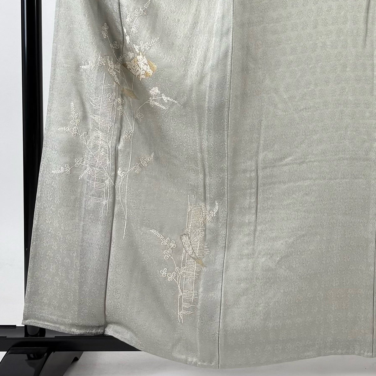 付下げ 身丈158cm 裄丈64.5cm M 単衣 萩 短冊 相良刺繍 金糸 灰緑 正絹