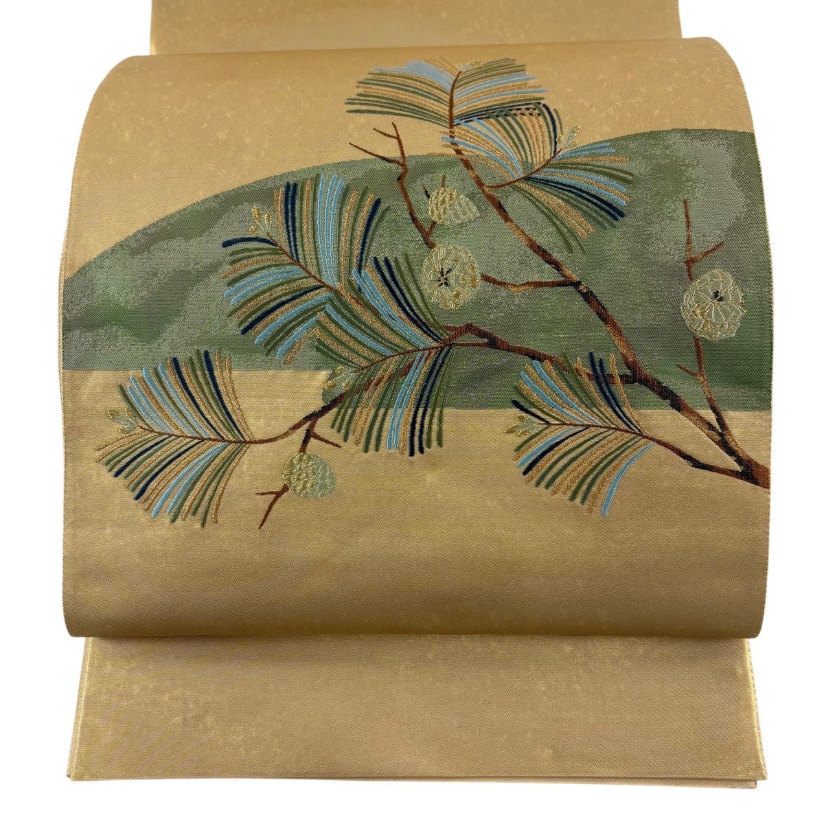 美品】 袋帯 秀品 鈴乃屋 若松 松笠 金糸 箔 金色 お太鼓柄 正絹｜中古